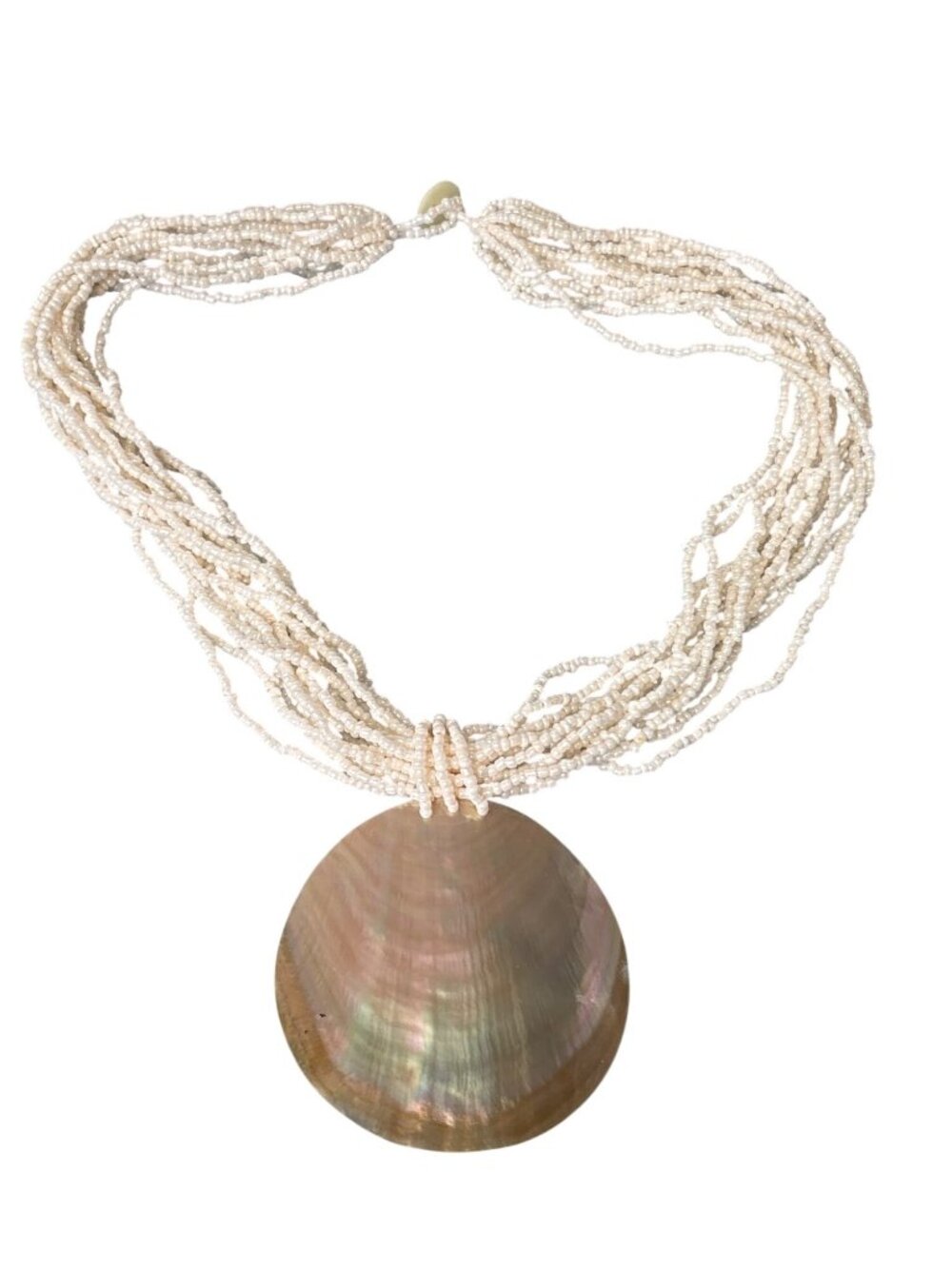 Multi Strand Cream Glass Seed Beaded Necklace Large Circle Shell Pendant Beachy